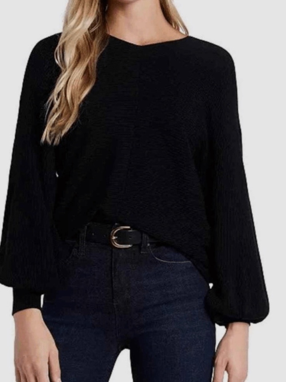 1.STATE Bubble Sleeve Rib Knit Black Women’s V Neck Sweater Jumper SZ MED EUC